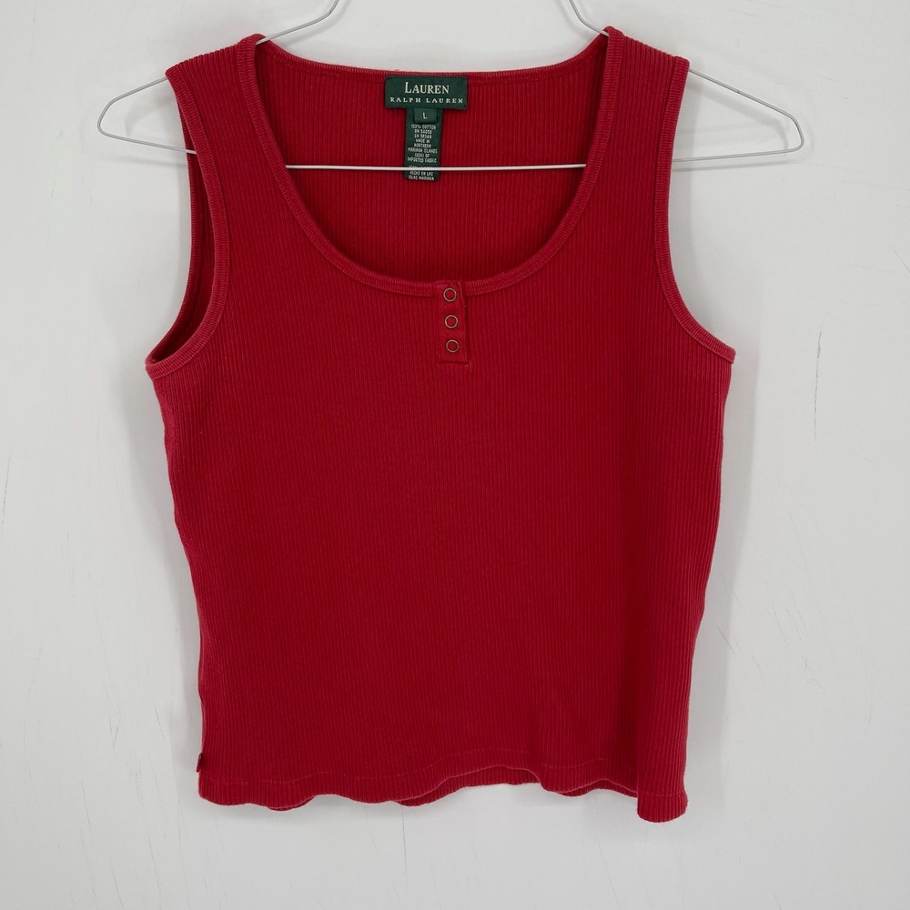 Lauren Ralph Lauren Women's Y2K Red Cotton Ribbed Scoop Henley Tank Top Size L